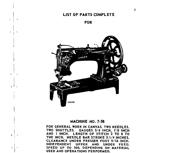 SINGER 7-58 7-61 SEWING MACHINE LIST OF PARTS COMPLETE 50 PAGES ENG