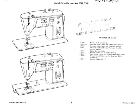 SINGER 734E 774E SEWING MACHINE LIST OF PARTS 16 PAGES ENG