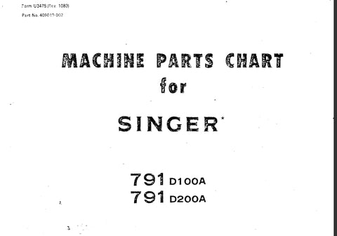 SINGER 791D100A 791D200A SEWING MACHINE MACHINE PARTS CHART 18 PAGES ENG