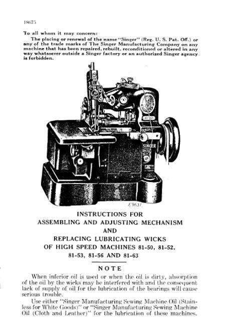 SINGER 81-50 81-52 81-53 81-56 81-63 SEWING MACHINES INSTRUCTIONS FOR ASSEMBLING AND ADJUSTING 16 PAGES ENG