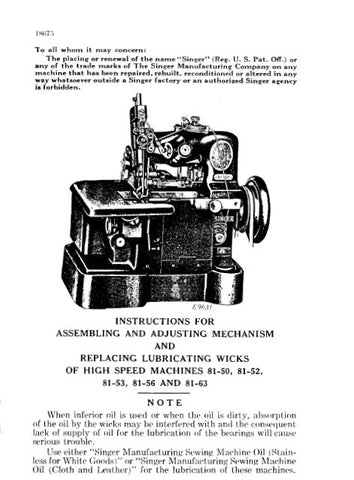 SINGER 81-50 81-52 81-53 81-56 81-63 SEWING MACHINES INSTRUCTIONS FOR ASSEMBLING AND ADJUSTING 16 PAGES ENG