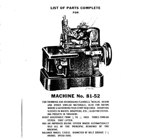 SINGER 81-50 81-52 SEWING MACHINE LIST OF PARTS COMPLETE 42 PAGES ENG ...