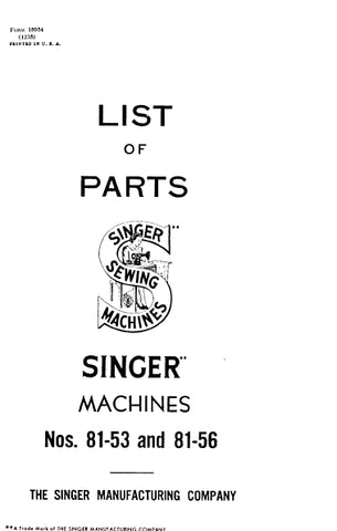 SINGER 81-53 81-56 SEWING MACHINE LIST OF PARTS 46 PAGES ENG