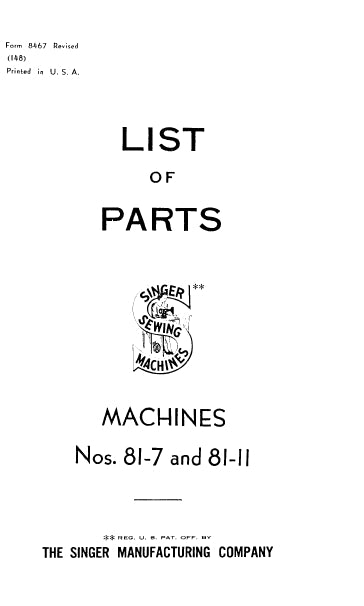 SINGER 81-7 81-11 SEWING MACHINE LIST OF PARTS 31 PAGES ENG