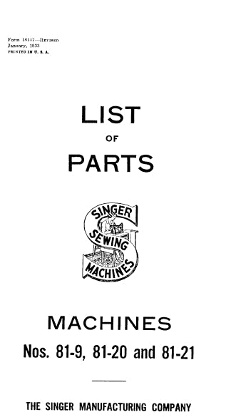 SINGER 81-9 81-20 81-21 SEWING MACHINE LIST OF PARTS 39 PAGES ENG