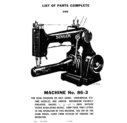 SINGER 86-3 SEWING MACHINE LIST OF PARTS COMPLETE 29 PAGES ENG