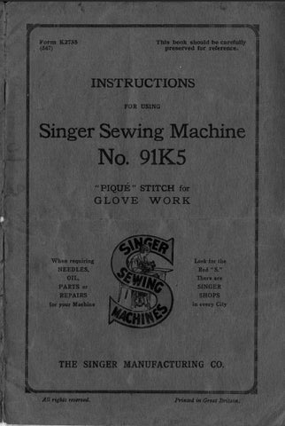 SINGER 91K5 SEWING MACHINE INSTRUCTION MANUAL 6 PAGES ENG