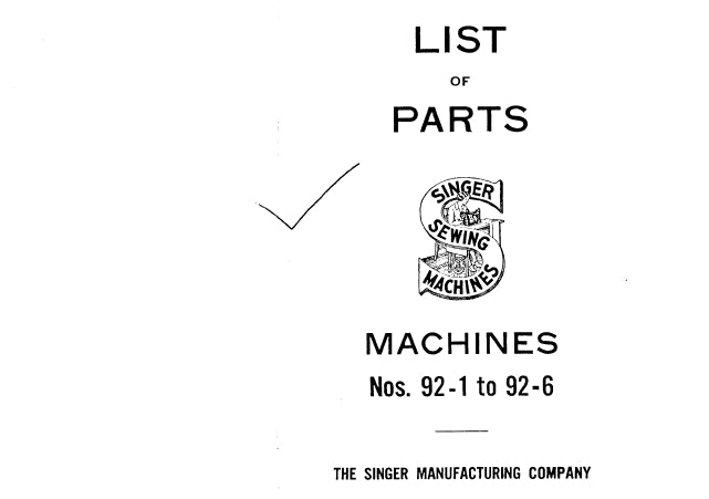 SINGER 92-1 TO 92-6 SEWING MACHINE LIST OF PARTS 61 PAGES ENG