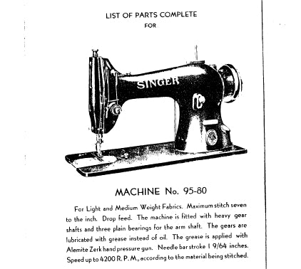 SINGER 95-80 95-100 SEWING MACHINE LIST OF PARTS COMPLETE 54 PAGES ENG
