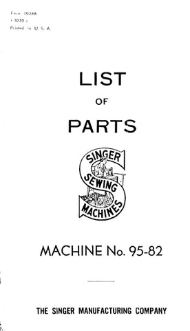 SINGER 95-82 SEWING MACHINE LIST OF PARTS 28 PAGES ENG