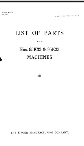 SINGER 95K32 95K33 SEWING MACHINE LIST OF PARTS 9 PAGES ENG
