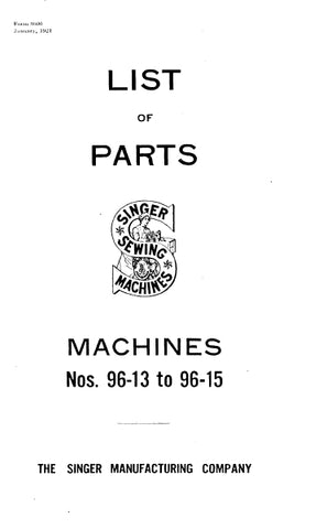 SINGER 96-13 TO 96-15 SEWING MACHINE LIST OF PARTS 52 PAGES ENG