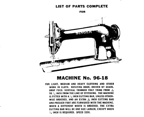 SINGER 96-18 SEWING MACHINE LIST OF PARTS COMPLETE 34 PAGES ENG