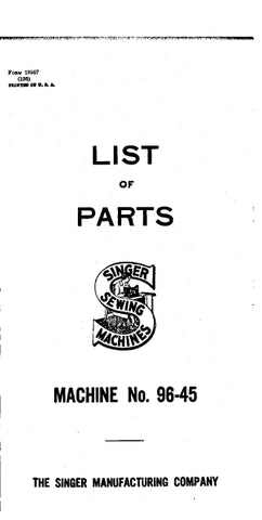 SINGER 96-45 SEWING MACHINE LIST OF PARTS 38 PAGES ENG