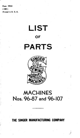 SINGER 96-87 96-107 SEWING MACHINE LIST OF PARTS 41 PAGES ENG