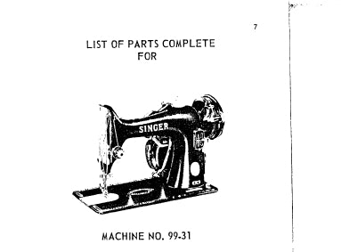 SINGER 99-31 SEWING MACHINE LIST OF PARTS COMPLETE 21 PAGES ENG