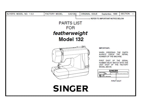 SINGER FEATHERWEIGHT 132 SEWING MACHINE LIST OF PARTS 15 PAGES ENG