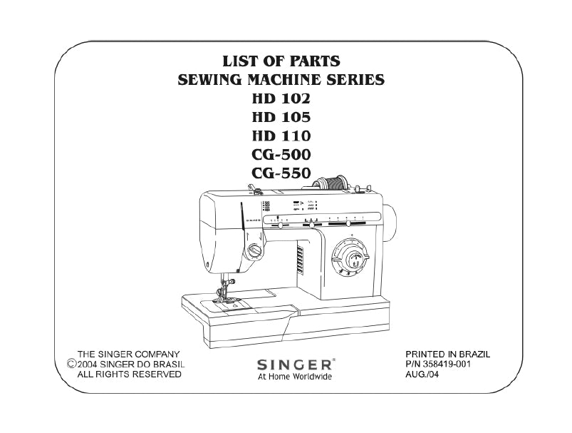 SINGER HD-102 HD-105 HD-110 CG-500 CG-550 SEWING MACHINE LIST OF PARTS 48 PAGES ENG