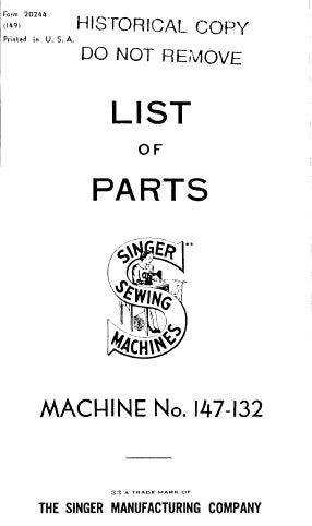 SINGER 147-132 SEWING MACHINE LIST OF PARTS 30 PAGES ENGLISH