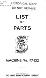 SINGER 147-132 SEWING MACHINE LIST OF PARTS 30 PAGES ENGLISH