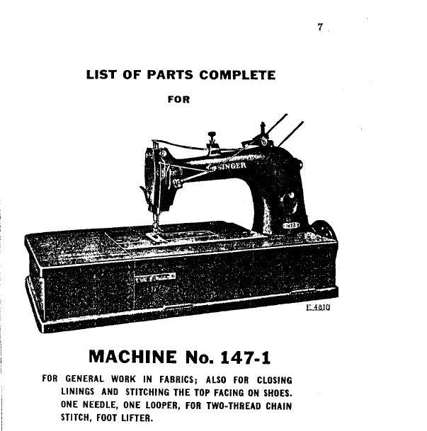 SINGER 147-1 SEWING MACHINE LIST OF PARTS COMPLETE 29 PAGES ENGLISH