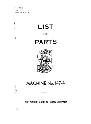 SINGER 147-4 SEWING MACHINE LIST OF PARTS 28 PAGES ENGLISH
