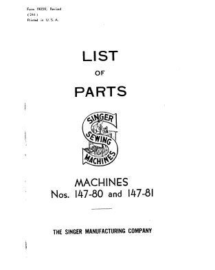 SINGER 147-80 147-81 SEWING MACHINE LIST OF PARTS 28 PAGES ENGLISH