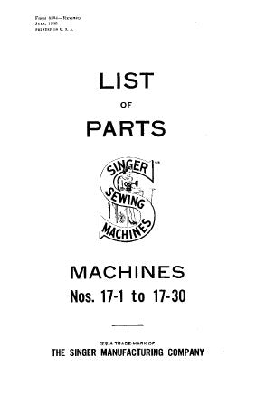 SINGER 17-1 TO 17-30 SEWING MACHINE LIST OF PARTS 186 PAGES ENGLISH