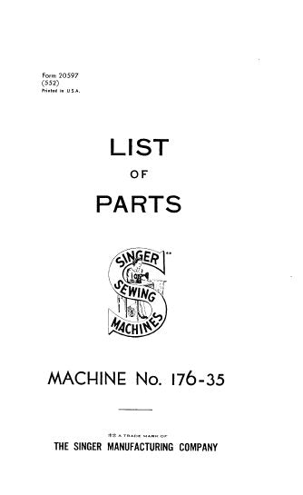 SINGER 176-35 SEWING MACHINE LIST OF PARTS 16 PAGES ENGLISH