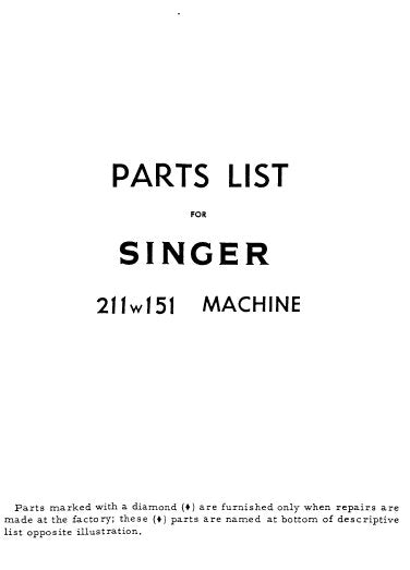 SINGER 211W151 SEWING MACHINE PARTS LIST 21 PAGES ENGLISH