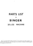 SINGER 211W151 SEWING MACHINE PARTS LIST 21 PAGES ENGLISH