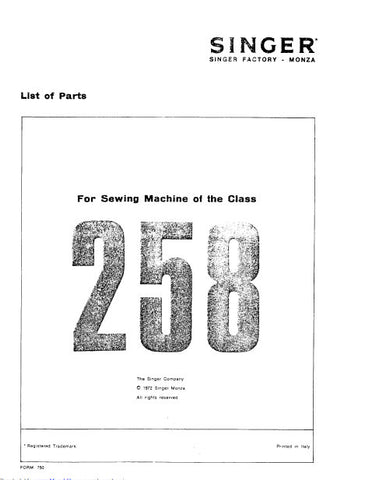 SINGER 258 CLASS SEWING MACHINE LIST OF PARTS 20 PAGES ENGLISH