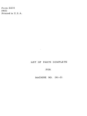 SINGER 281-21 SEWING MACHINE LIST OF PARTS COMPLETE 23 PAGES ENGLISH