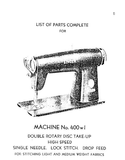 SINGER 400W1 SEWING MACHINE LIST OF PARTS COMPLETE 44 PAGES ENGLISH