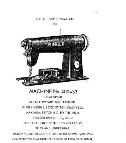 SINGER 400W33 SEWING MACHINE LIST OF PARTS COMPLETE 17 PAGES ENGLISH