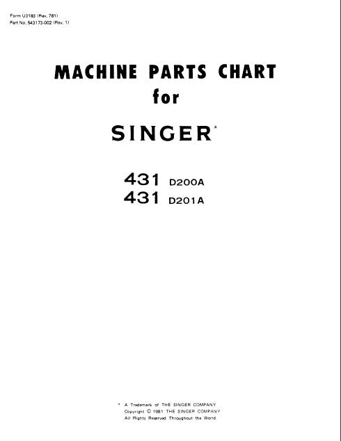 SINGER 431D200A 431D201A SEWING MACHINE MACHINE PARTS CHART 8 PAGES ENGLISH