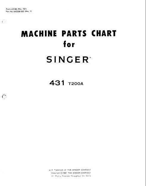 SINGER 431T200A SEWING MACHINE MACHINE PARTS CHART 8 PAGES ENGLISH