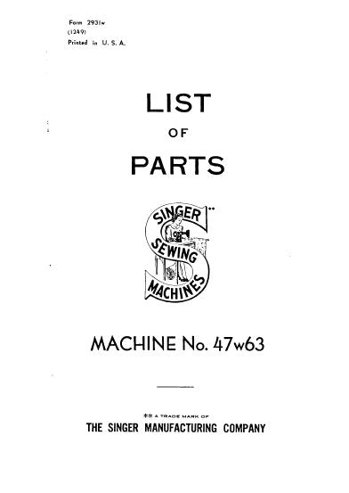 SINGER 47W63 SEWING MACHINE LIST OF PARTS 19 PAGES ENGLISH