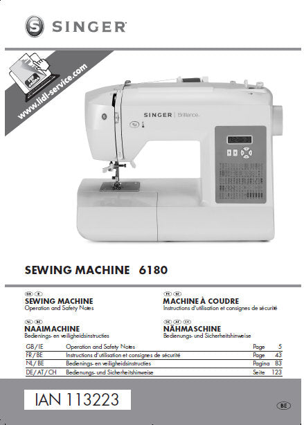 SINGER 6180 BRILLIANCE SEWING MACHINE MACHINE A COUDRE NAHMASCHINE NAAIMACHINE OPERATION MANUAL INSTRCTIONS D'UTILISATION BEDIENUNGSANLEITUNG BEDIENINGS 173 PAGES ENG FRANC DEUT NL