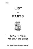 SINGER 61W34 61W104 SEWING MACHINE LIST OF PARTS 60 PAGES ENGLISH