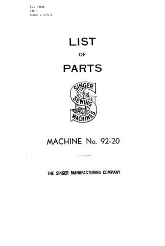 SINGER 92-20 SEWING MACHINE LIST OF PARTS 25 PAGES ENGLISH