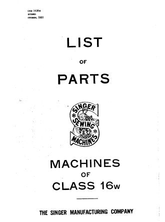 SINGER CLASS 16W 16W1-10 SEWING MACHINE LIST OF PARTS 84 PAGES ENGLISH