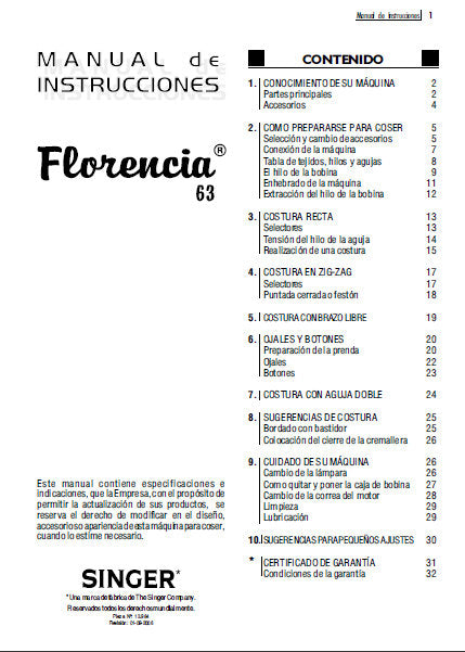 SINGER FLORENCIA 63 MAQUINA DE COSER MANUAL DE INSTRUCCIONES 33 PAGINAS ESPANOL