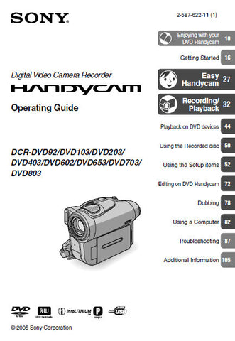 SONY DCR-DVD92 103 203 403 602 653 703 803 HANDYCAM DIGITAL VIDEO CAMERA RECORDER OPERATING GUIDE 119 PAGES ENG