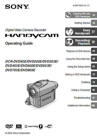 SONY DCR-DVD92E 202E 203E 403E 602E 653E 703E 803E HANDYCAM DIGITAL VIDEO CAMERA RECORDER OPERATING GUIDE 119 PAGES ENG
