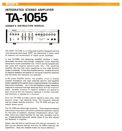 SONY TA-1055 INTEGRATED STEREO AMPLIFIER OWNERS INSTRUCTION MANUAL 12 PAGES ENG