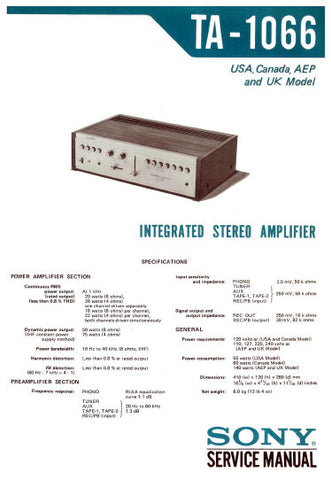 SONY TA-1066 INTEGRATED STEREO AMPLIFIER SERVICE MANUAL 14 PAGES ENG