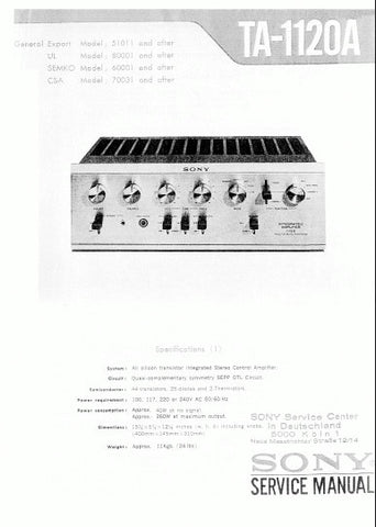 SONY TA-1120A INTEGRATED STEREO AMPLIFIER SERVICE MANUAL 26 PAGES ENG