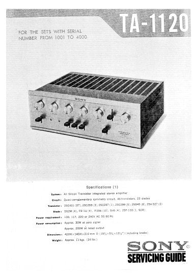 SONY TA-1120 INTEGRATED STEREO AMPLIFIER SERVICING GUIDE 22 PAGES ENG