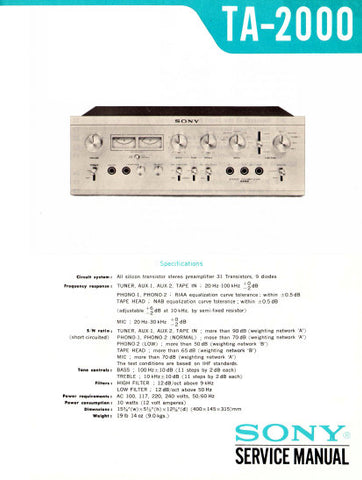 SONY TA-2000 STEREO PREAMPLIFIER SERVICE MANUAL 37 PAGES ENG